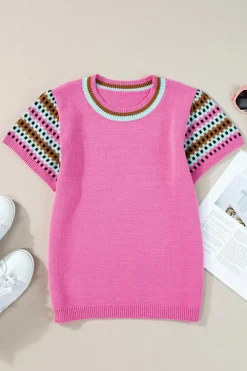 Online Dear-Lover Contrast Printed Cap Sleeves Crewneck Sweater Bright Pink