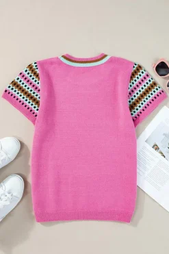 Online Dear-Lover Contrast Printed Cap Sleeves Crewneck Sweater Bright Pink