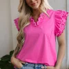 Hot Dear-Lover Contrast Scallop Trim Layered Short Sleeve V Neck Blouse Bright Pink
