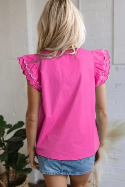 Hot Dear-Lover Contrast Scallop Trim Layered Short Sleeve V Neck Blouse Bright Pink