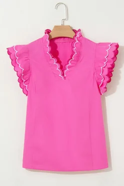 Hot Dear-Lover Contrast Scallop Trim Layered Short Sleeve V Neck Blouse Bright Pink