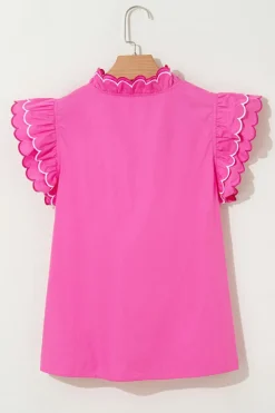 Hot Dear-Lover Contrast Scallop Trim Layered Short Sleeve V Neck Blouse Bright Pink