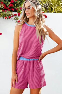 Hot Dear-Lover Corded Contrast Trim Sleeveless Top and Shorts Set Bright Pink