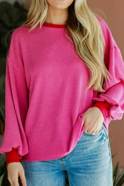 Best Dear-Lover Corded Contrast Edge Drop Shoulder Long Sleeve Top Bright Pink