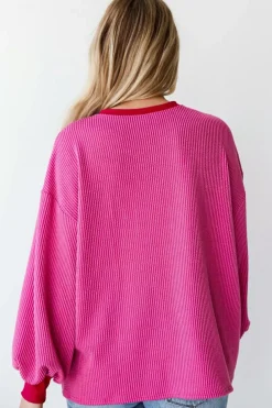 Best Dear-Lover Corded Contrast Edge Drop Shoulder Long Sleeve Top Bright Pink