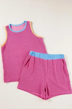 Hot Dear-Lover Corded Contrast Trim Sleeveless Top and Shorts Set Bright Pink