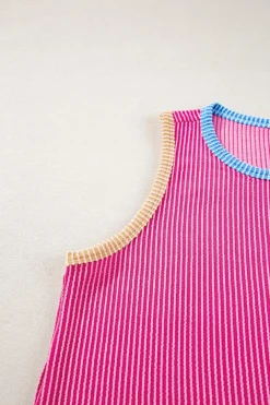 Hot Dear-Lover Corded Contrast Trim Sleeveless Top and Shorts Set Bright Pink