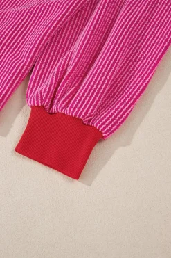Best Dear-Lover Corded Contrast Edge Drop Shoulder Long Sleeve Top Bright Pink
