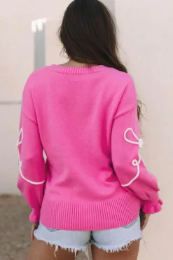 Sale Dear-Lover Corded Flower Bow Ribbed Trim Casual Sweater Bright Pink