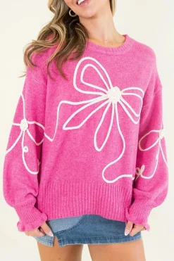 Sale Dear-Lover Corded Flower Bow Ribbed Trim Casual Sweater Bright Pink