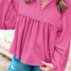 Online Dear-Lover Corded Turn-down V Neck Bubble Sleeve Babydoll Blouse Bright Pink