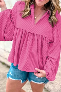 Online Dear-Lover Corded Turn-down V Neck Bubble Sleeve Babydoll Blouse Bright Pink