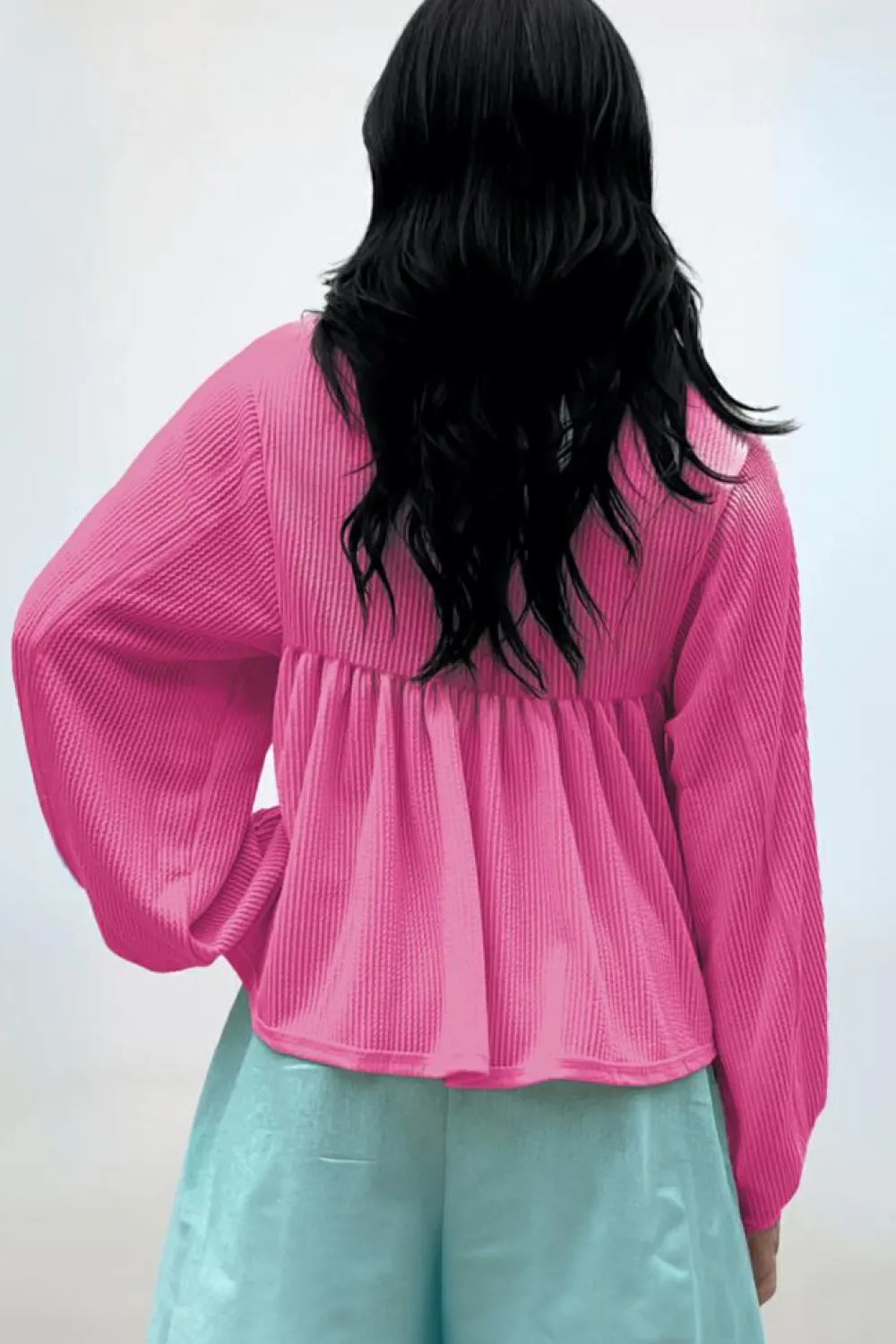 Online Dear-Lover Corded Turn-down V Neck Bubble Sleeve Babydoll Blouse Bright Pink