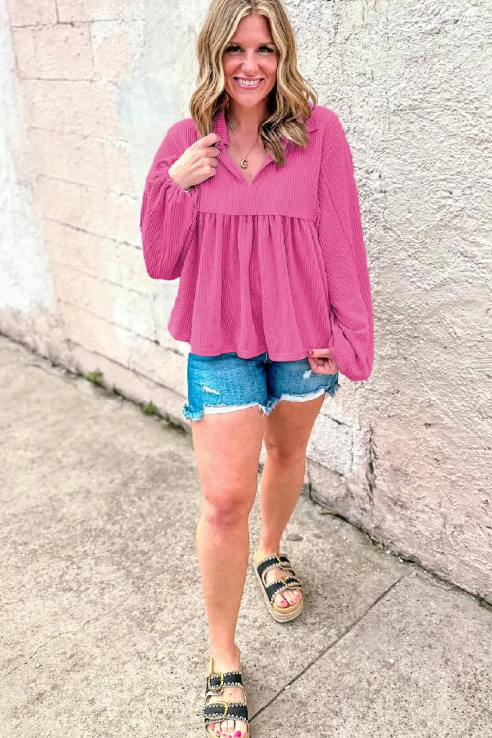 Online Dear-Lover Corded Turn-down V Neck Bubble Sleeve Babydoll Blouse Bright Pink