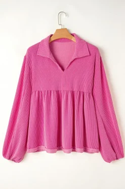 Online Dear-Lover Corded Turn-down V Neck Bubble Sleeve Babydoll Blouse Bright Pink