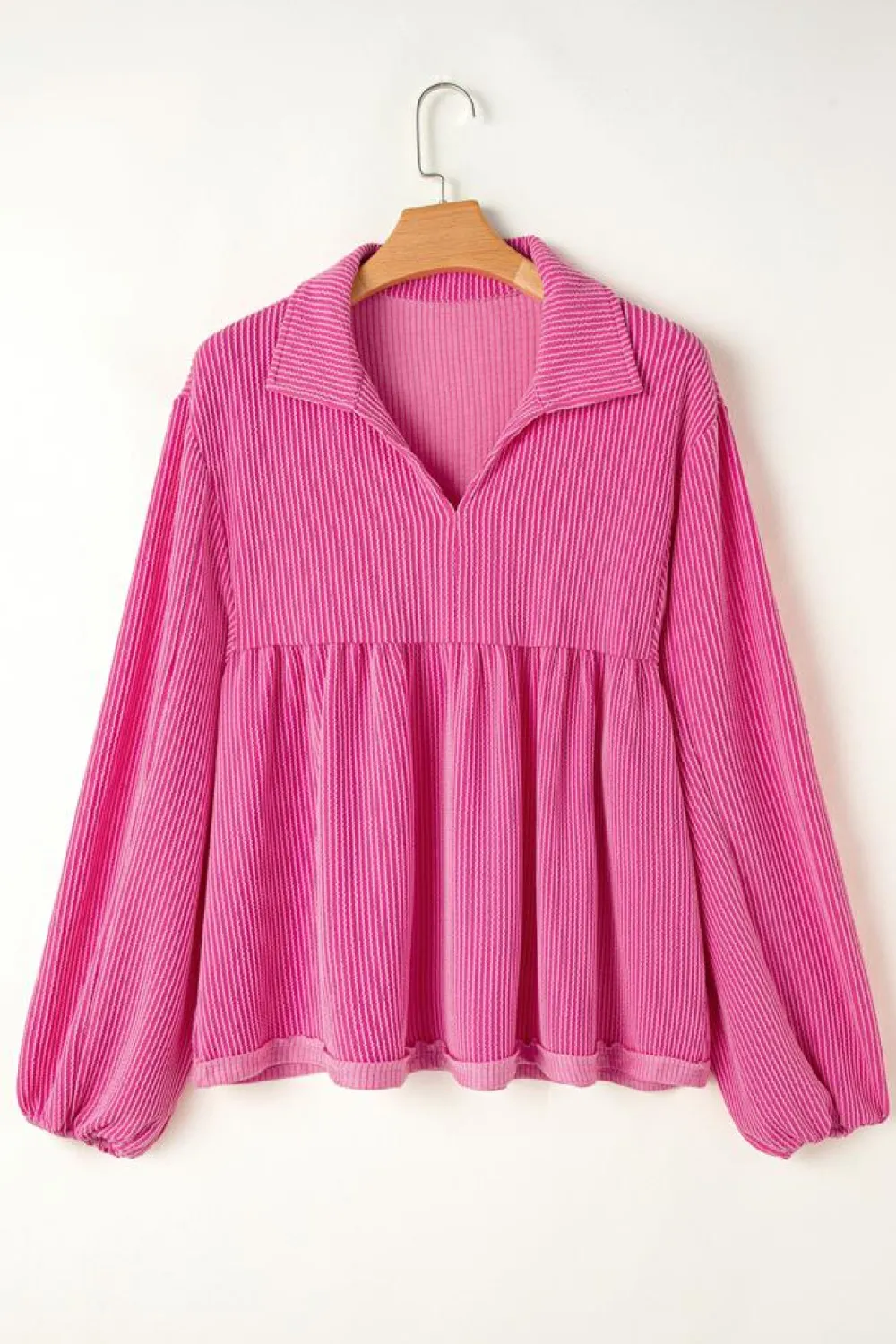 Online Dear-Lover Corded Turn-down V Neck Bubble Sleeve Babydoll Blouse Bright Pink