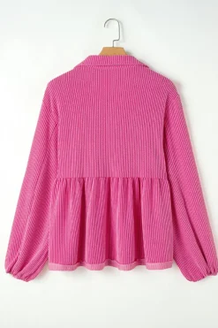 Online Dear-Lover Corded Turn-down V Neck Bubble Sleeve Babydoll Blouse Bright Pink