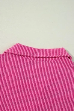Online Dear-Lover Corded Turn-down V Neck Bubble Sleeve Babydoll Blouse Bright Pink