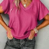 Discount Dear-Lover Crinkled V Neck Wide Sleeve T-shirt Bright Pink
