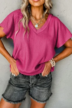 Discount Dear-Lover Crinkled V Neck Wide Sleeve T-shirt Bright Pink