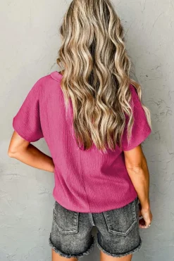Discount Dear-Lover Crinkled V Neck Wide Sleeve T-shirt Bright Pink