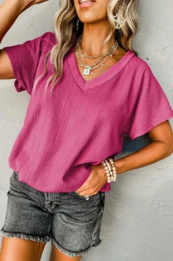Discount Dear-Lover Crinkled V Neck Wide Sleeve T-shirt Bright Pink