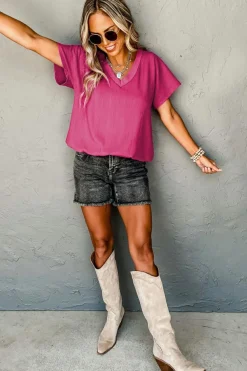 Discount Dear-Lover Crinkled V Neck Wide Sleeve T-shirt Bright Pink