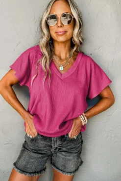 Discount Dear-Lover Crinkled V Neck Wide Sleeve T-shirt Bright Pink