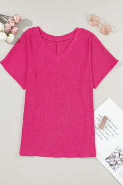 Discount Dear-Lover Crinkled V Neck Wide Sleeve T-shirt Bright Pink