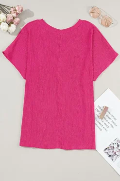 Discount Dear-Lover Crinkled V Neck Wide Sleeve T-shirt Bright Pink
