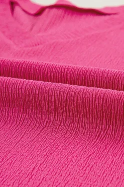 Discount Dear-Lover Crinkled V Neck Wide Sleeve T-shirt Bright Pink