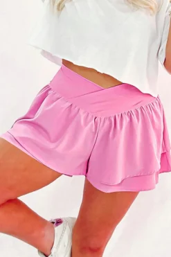 Best Dear-Lover Crossed Waist Tiered Flowy Shorts Bright Pink