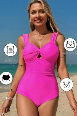 Best Dear-Lover Cut out Twist Bowknot Backless One Piece Swimsuit Bright Pink