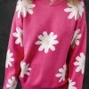 Clearance Dear-Lover Daisy Flower Crew Neck Long Sleeve Sweater Bright Pink