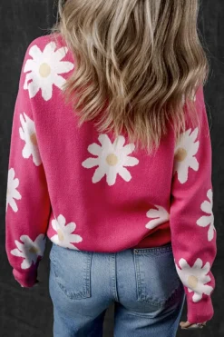 Clearance Dear-Lover Daisy Flower Crew Neck Long Sleeve Sweater Bright Pink