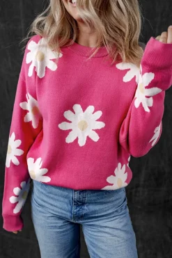 Clearance Dear-Lover Daisy Flower Crew Neck Long Sleeve Sweater Bright Pink