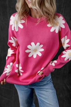 Clearance Dear-Lover Daisy Flower Crew Neck Long Sleeve Sweater Bright Pink