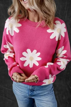 Clearance Dear-Lover Daisy Flower Crew Neck Long Sleeve Sweater Bright Pink