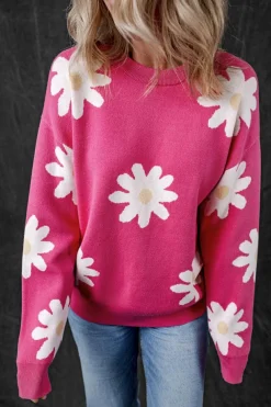 Clearance Dear-Lover Daisy Flower Crew Neck Long Sleeve Sweater Bright Pink
