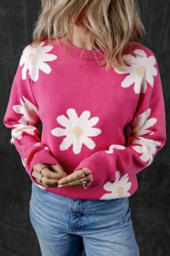 Clearance Dear-Lover Daisy Flower Crew Neck Long Sleeve Sweater Bright Pink