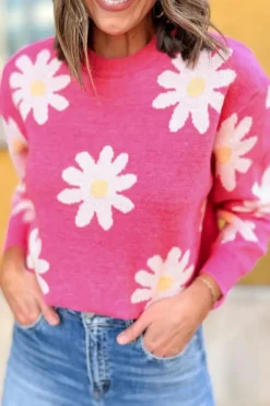 Clearance Dear-Lover Daisy Flower Crew Neck Long Sleeve Sweater Bright Pink