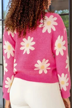 Clearance Dear-Lover Daisy Flower Crew Neck Long Sleeve Sweater Bright Pink