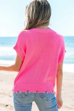 Sale Dear-Lover Distressed Hem Short Sleeve Knitted Button Front Sweater Bright Pink