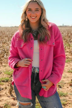 New Dear-Lover Faux Suede Sherpa Patchwork Button-up Shacket Bright Pink