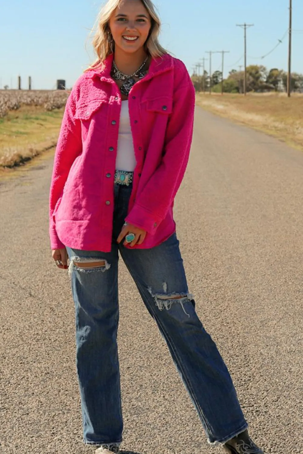 New Dear-Lover Faux Suede Sherpa Patchwork Button-up Shacket Bright Pink