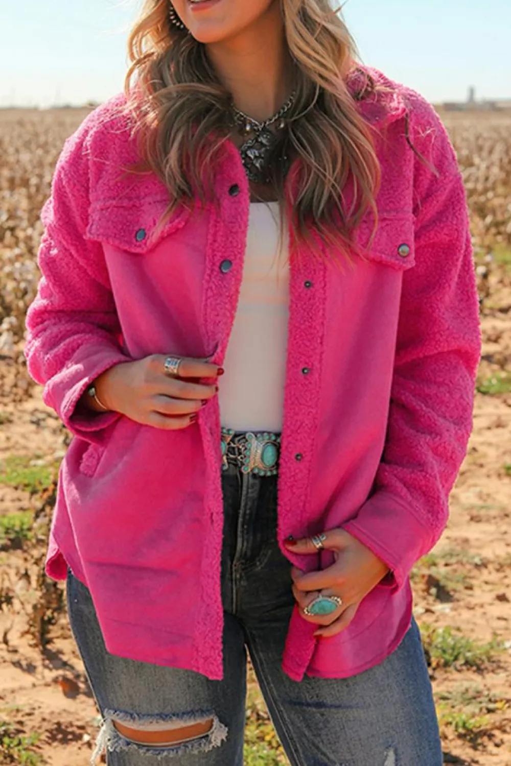 New Dear-Lover Faux Suede Sherpa Patchwork Button-up Shacket Bright Pink