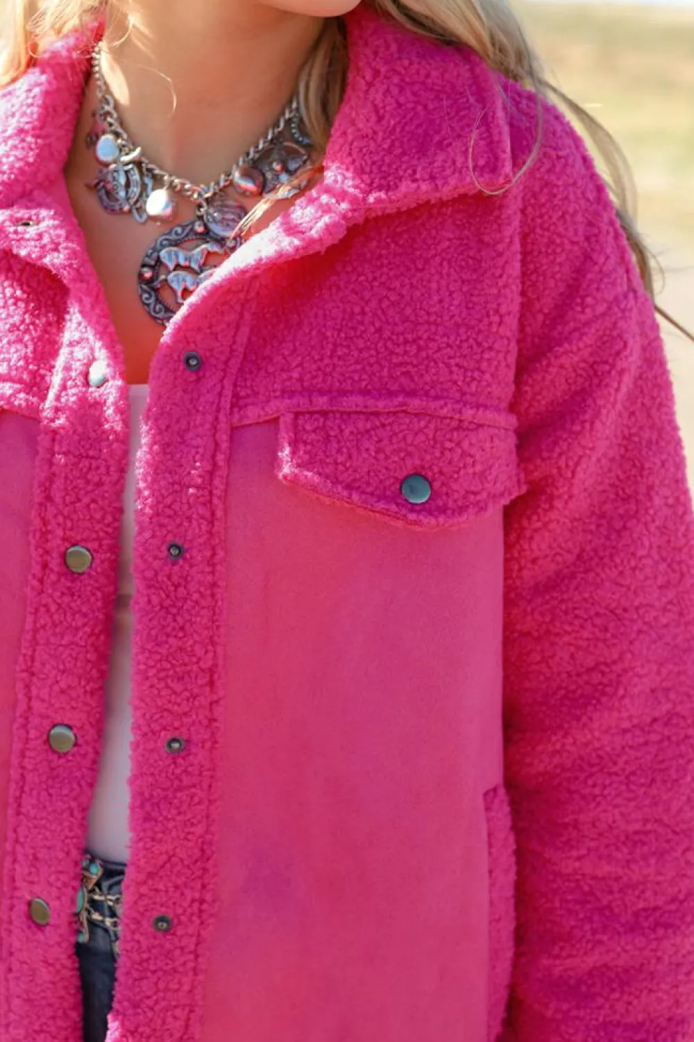 New Dear-Lover Faux Suede Sherpa Patchwork Button-up Shacket Bright Pink