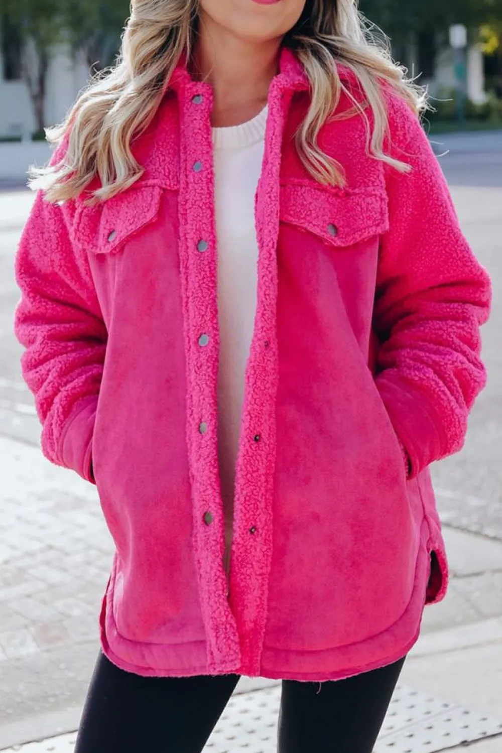 New Dear-Lover Faux Suede Sherpa Patchwork Button-up Shacket Bright Pink