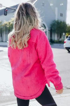 New Dear-Lover Faux Suede Sherpa Patchwork Button-up Shacket Bright Pink