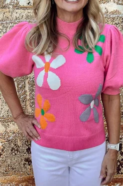 Hot Dear-Lover Floral Bubble Short Sleeve Sweater Bright Pink